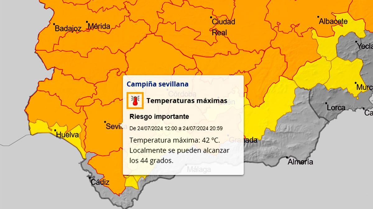 Mapa con el riesgo este miércoles, casi toda andalucía en alerta naranja.