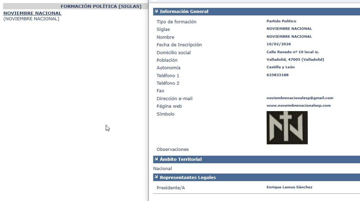 Ficha de inscripción de Noviembre Nacional en el Registro de Partidos Políticos del Ministerio del Interior