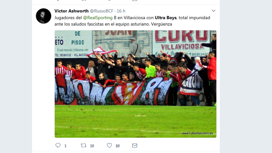 Indignación en redes por una foto del Sporting B con ultras haciendo el saludo fascista