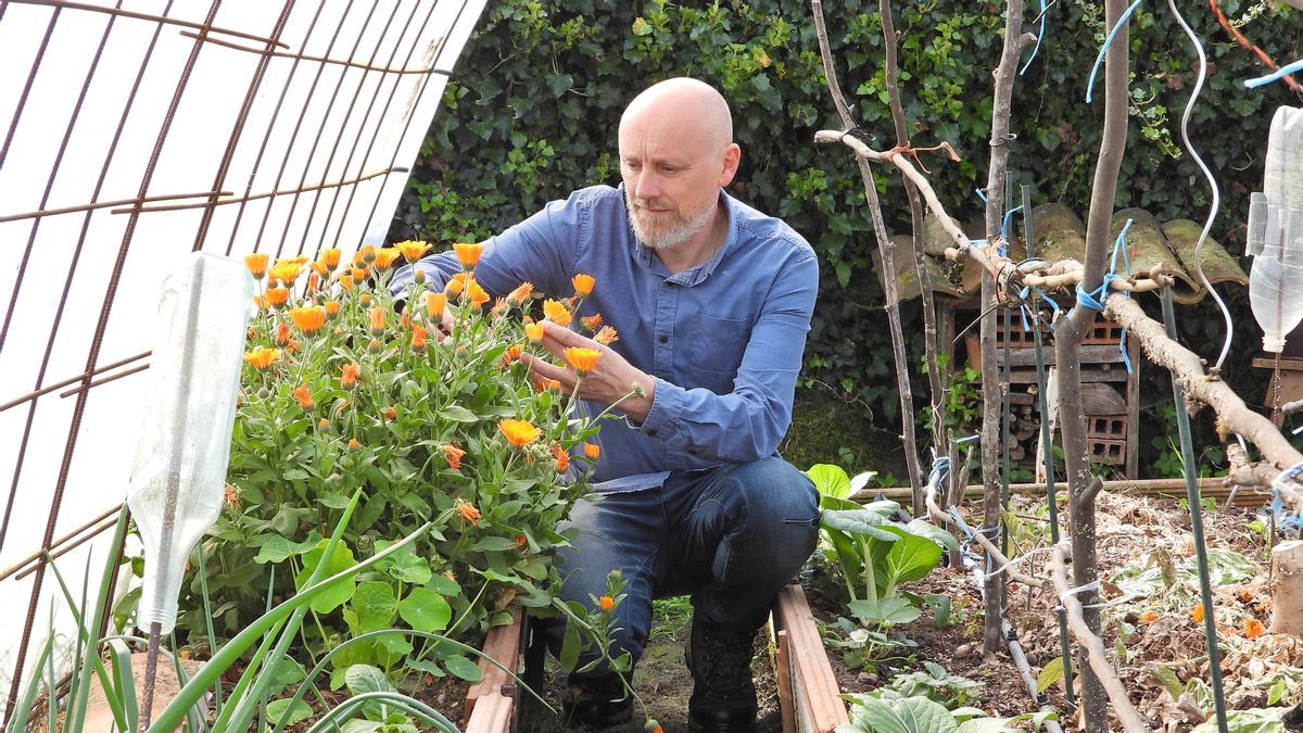 Juanjo Rodríguez, con una planta de caléndula, en su invernadero.