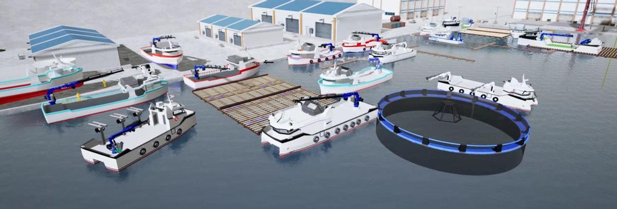 Muelle virtual diseñado
por Ingemar en el
que amarran sus
barcos de acuicultura.
| FdV