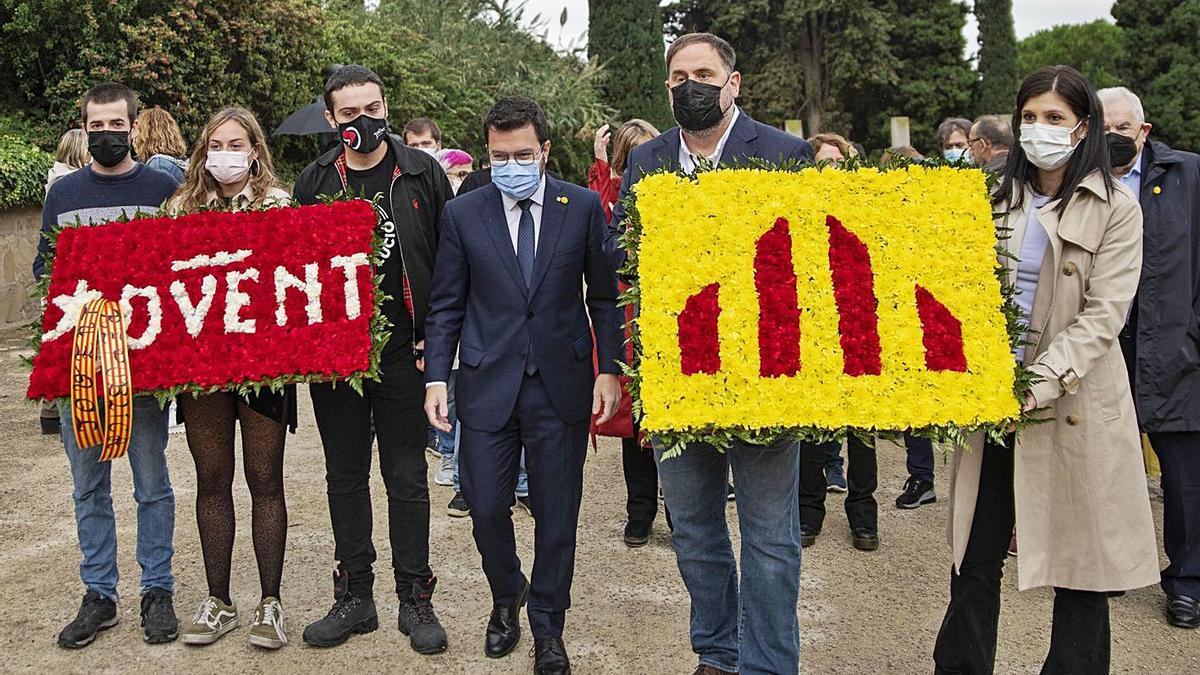 Aragonès, Junqueras i Vilalta, durant l’homenatge a Lluís Companys. | EUROPA PRESS