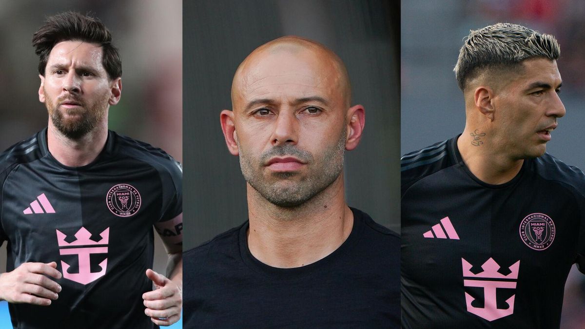Combo de fotografías de archivo donde aparecen el futbolista Lionel Messi (i), el entrenador Javier Mascherano (c) y el futbolista Luis Suárez. Eliminados en semifinales de la Liga de Campeones de Concacaf, arrollados 0-3 en casa por Orlando City y capaces de ganar solo uno de sus últimos 7 partidos, Leo Messi y Luis Suárez viven el momento más duro de su camino en el Inter Miami, en el que el futuro del técnico Javier Mascherano está en el aire.