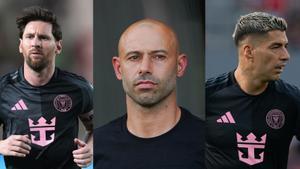 AME9691.BOGOTÁ (COLOMBIA), 21/05/2025.- Combo de fotografías de archivo donde aparecen el futbolista Lionel Messi (i), el entrenador Javier Mascherano (c) y el futbolista Luis Suárez. Eliminados en semifinales de la Liga de Campeones de Concacaf, arrollados 0-3 en casa por Orlando City y capaces de ganar solo uno de sus últimos 7 partidos, Leo Messi y Luis Suárez viven el momento más duro de su camino en el Inter Miami, en el que el futuro del técnico Javier Mascherano está en el aire. EFE/ Paolo Aguilar / Eliecer Aizprua