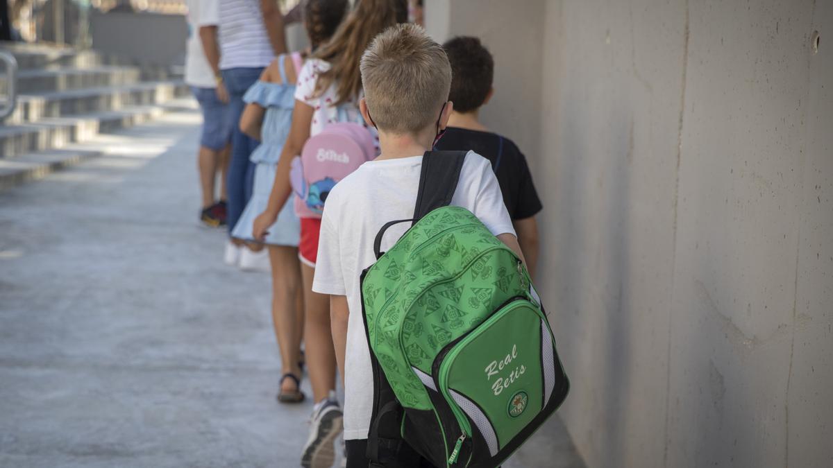 Alumnos de un colegio, esperan a entrar.