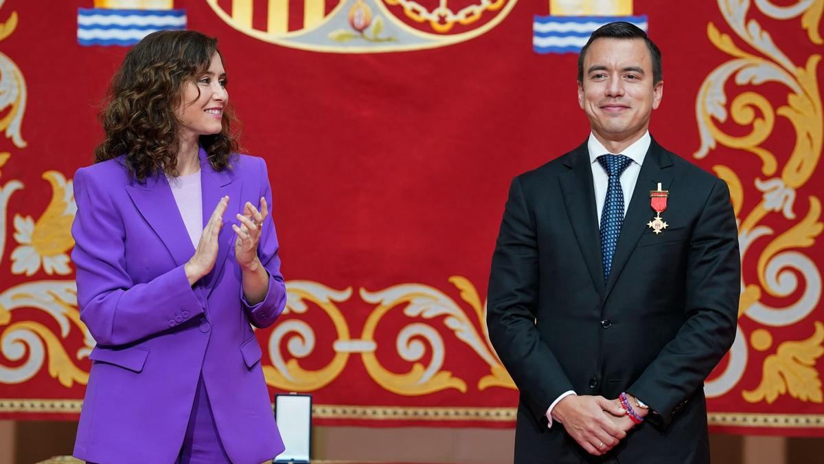 La presidenta madrileña, Isabel Díaz Ayuso, y el presidente de Ecuador, Daniel Noboa.