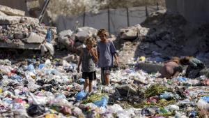 Niños desplazados revisan la basura en una calle de Deir al-Balah, en el centro de la Franja de Gaza, el jueves 29 de agosto de 2024.