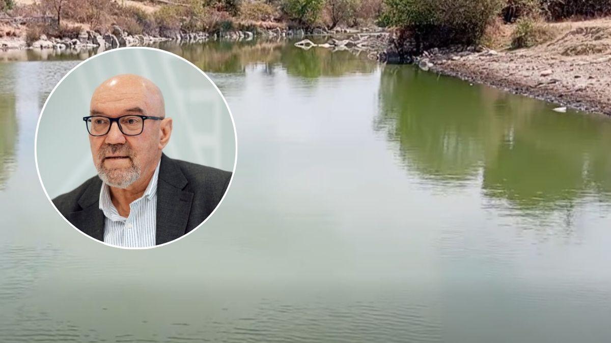 Así es la presa de Hijadilla, en el río Salor. En el círculo, el catedrático Julián Mora.