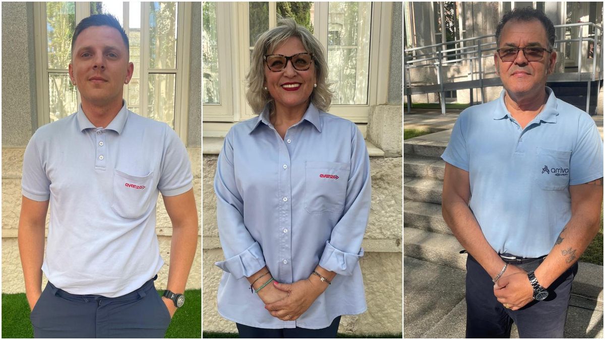 De izqda. a dcha., Jorge Botoshan, Rosalina Leyenda y Juan Carlos Jimeno, tres de los conductores de autobús madrileños que han prrestado servicio en Valencia.