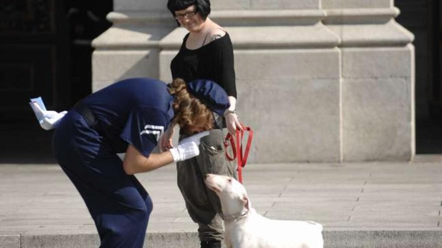 Un agente de las &#039;Patrullas Silenciosas&#039; pide silencio a un perro, ayer en A Coruña. / antón varela