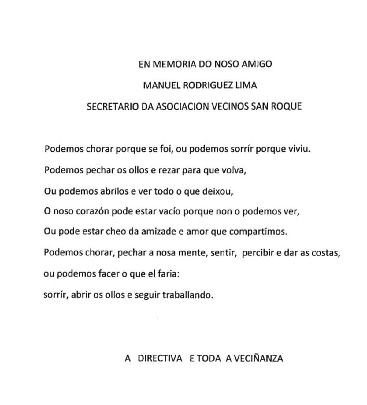 Escrito de la Asocación Vecinos San Roque en memoria de Manuel Rodríguez, el que ejercía de secretario de la entidad viguesa.