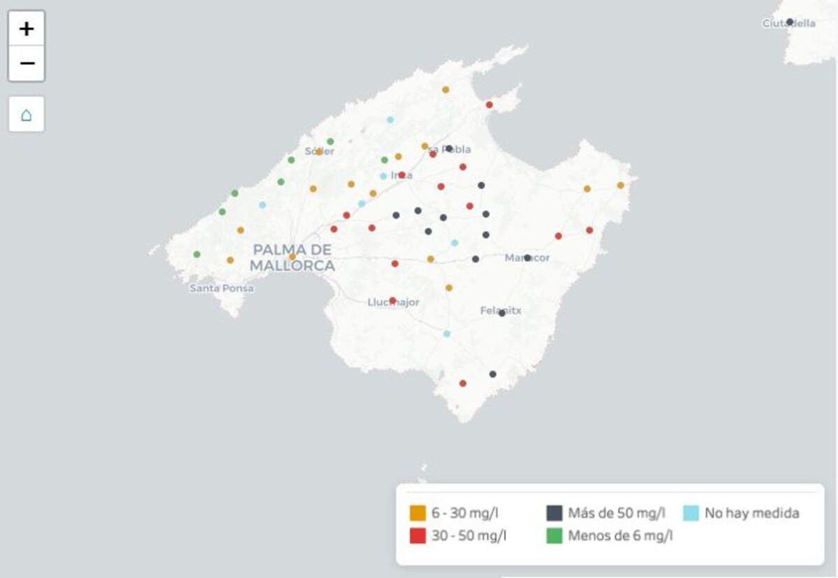 Mapa de la concentración de nitratos en los acuíferos de Mallorca
