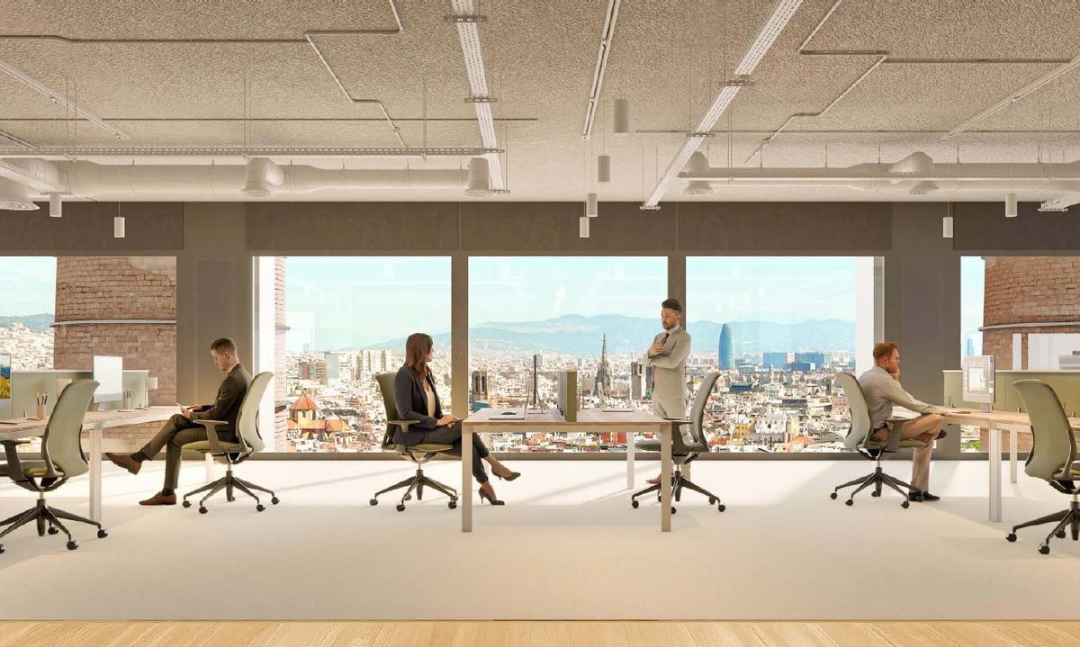 Recreación de las oficinas del edificio de 12 plantas de las Tres Xemeneies, en Barcelona.