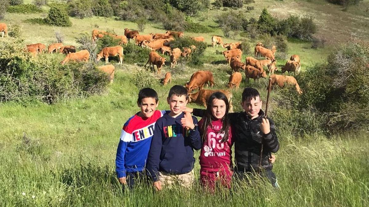 Un grupo de niños en el pueblo de Orea, aprendiendo el pastoreo.