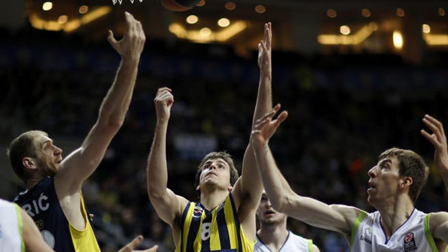 El excajista Luka Zoric, Bjelica y Fran Vázquez intentan capturar un rebote.