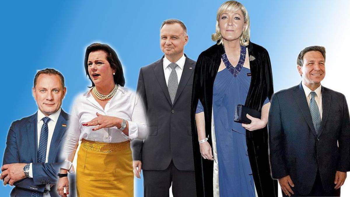 Rostros de la internacional reaccionaria: de izquierda a derecha, Tino Chrupalla, Marjorie Dannenfelser, Andrzej Duda, Marine LePen y Ron de Santis.