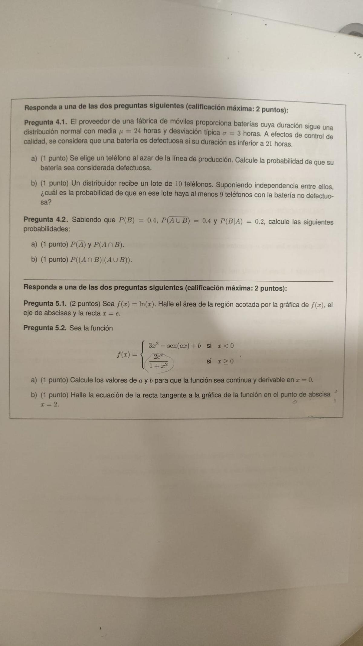 Examen de Matemáticas II en la PAU 2026 de Madrid