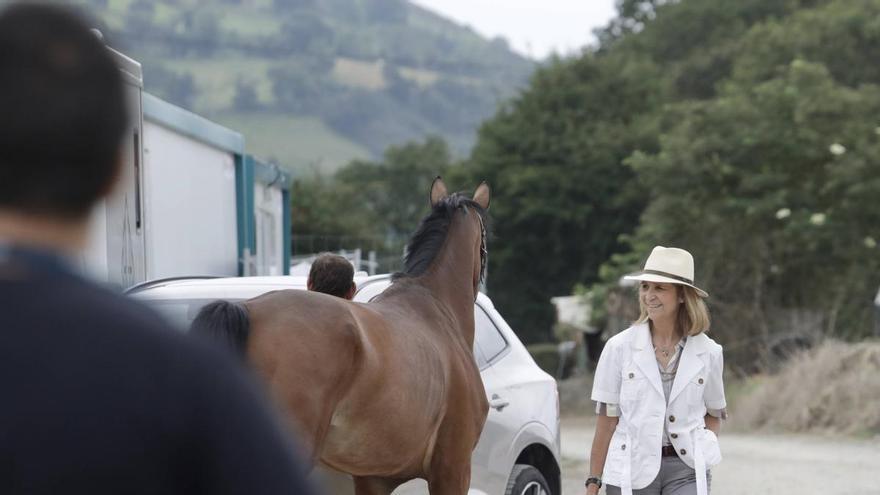 La infanta Elena ya está en Asturias: un primer paseo a caballo y saludos a todo el mundo