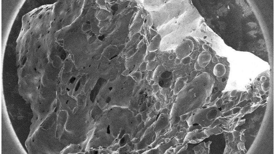 Una de las rocas volcánicas vista al microscopio electrónico del Instituto de Micro y Nanotecnología del CSIC