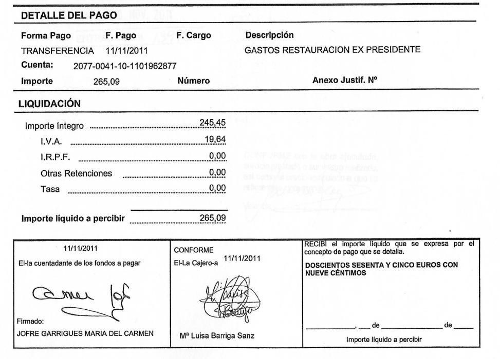 Jabugo, rebujitos y otros gastos cargados por el expresident de la Generalitat.