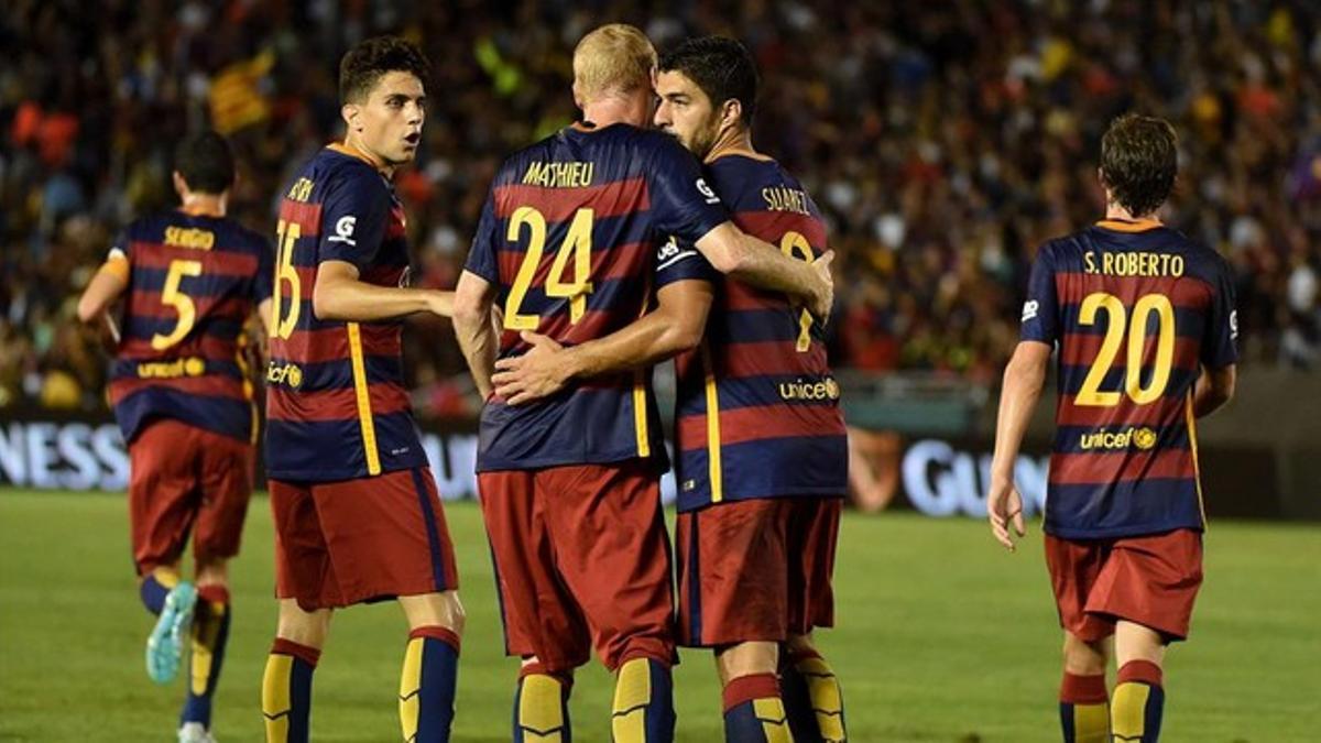Los jugadores del Barça celebran un gol en el partido de pretemporada contra Los Angeles Galaxy