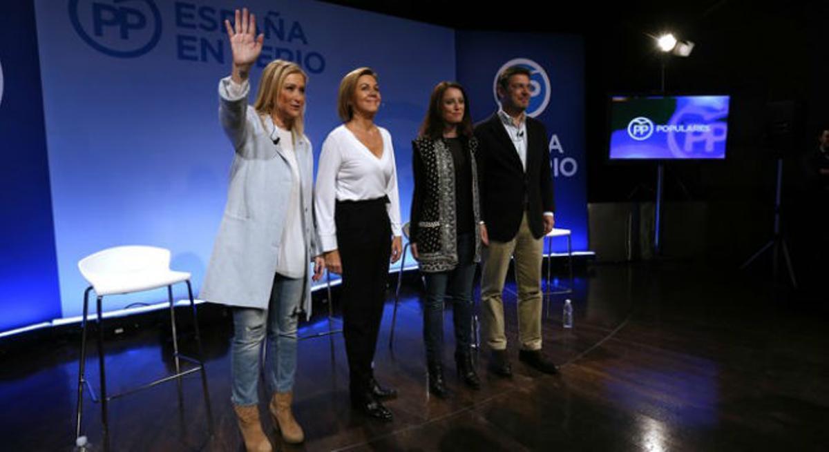 Cospedal, Levy, Catalá y Cifuentes, durante la presentacion de parte del programa electoral del PP, en Madrid, este domingo.