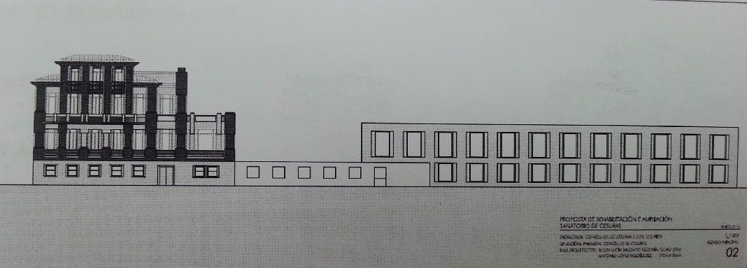 Plano del anteproyecto de rehabilitación del sanatorio como residencia de la tercera edad incluido en el plan de viabilidad de la fusión de Oza dos Ríos y Cesuras