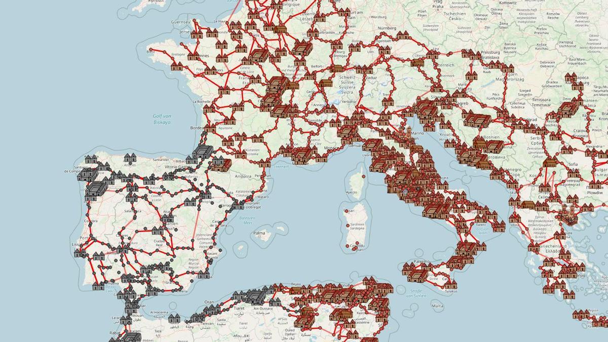 Mapa de las conexiones por tierra del Imperio Romano