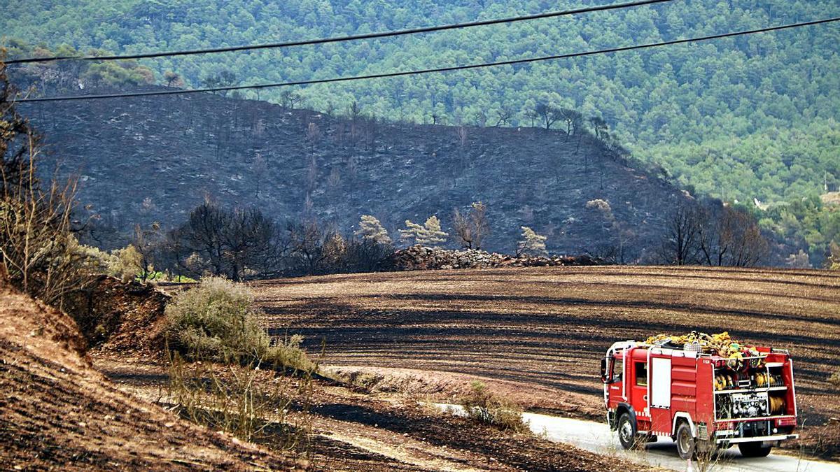 Un camió de Bombers passant per una de les parts afectades per l’incendi i part d’una granja cremada a Bellprat.  | ACN