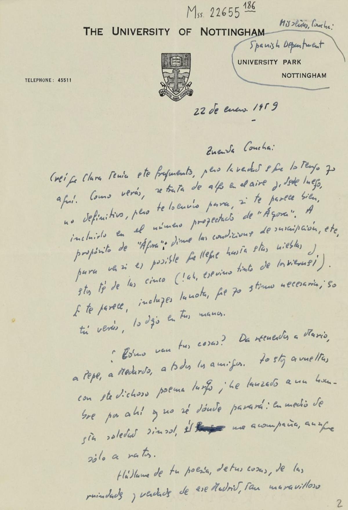 Carta de Claudio Rodríguez a Concha Lagos 22 de enero de 1959
reverso. |  SEMINARIO PERMANENTE CLAUDIO RODRÍGUEZ