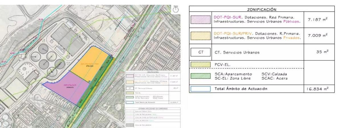 Plano con la ubicación de la ampliación del cementerio y el tanatorio. En morado la zona de ampliación del camposanto que aporta el promotor y en amarillo la que corresponde al tanatorio