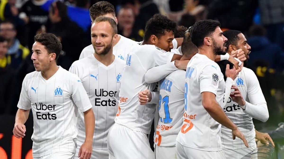 Jugadores del Marsella celebrando un gol ante el Brest