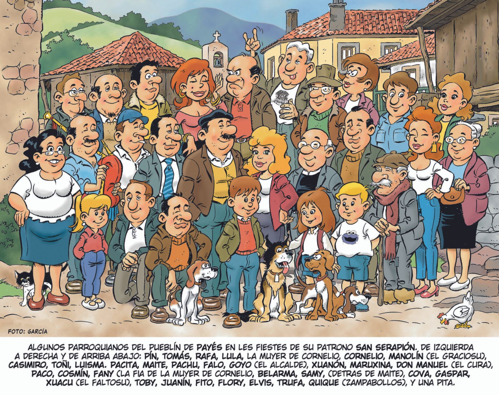 Los personajes del ficticio Payés, reunidos el día en que celebran a San Serapión,  patrono del pueblo. Ese dibujo ocupa la contraportada del álbum, tipo francobelga (como «Astérix» o «Tintín») con 64 páginas a todo color y tapa dura.  