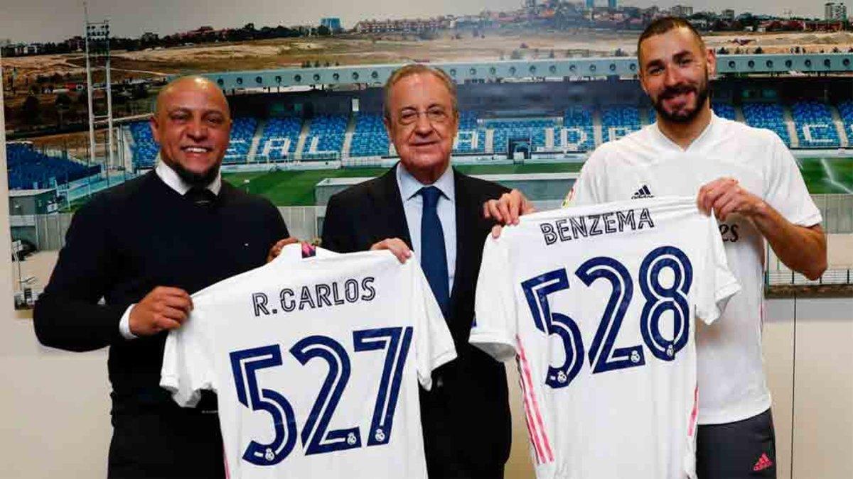 Florentino Pérez, junto a Roberto Carlos y Benzema