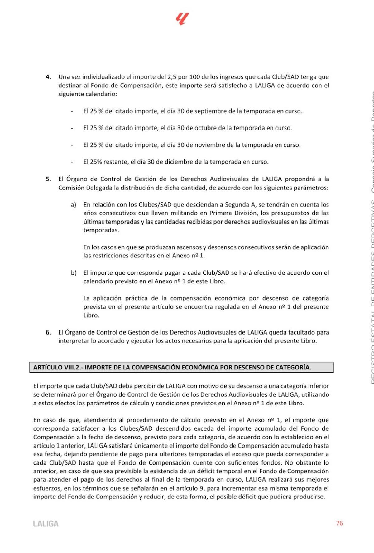 Documento perteneciente al Reglamento de LaLiga sobre ayudas al descenso.