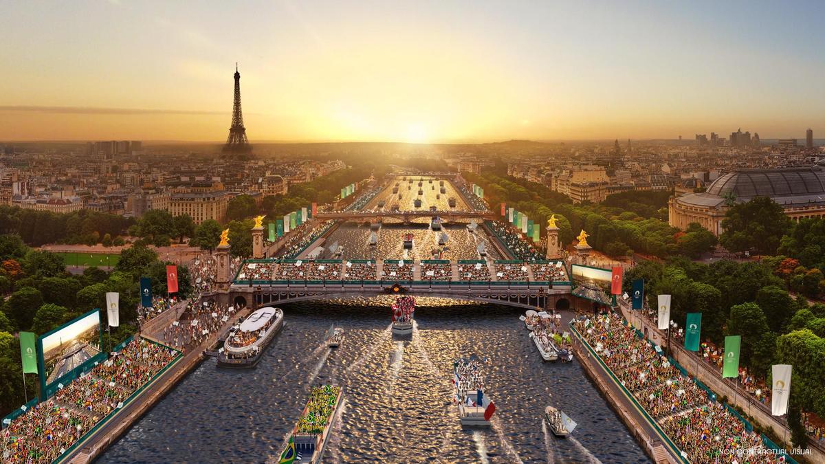 Recreación de la ceremonia inaugural de los Juegos Olímpicos de París 2024 en las orillas del Sena