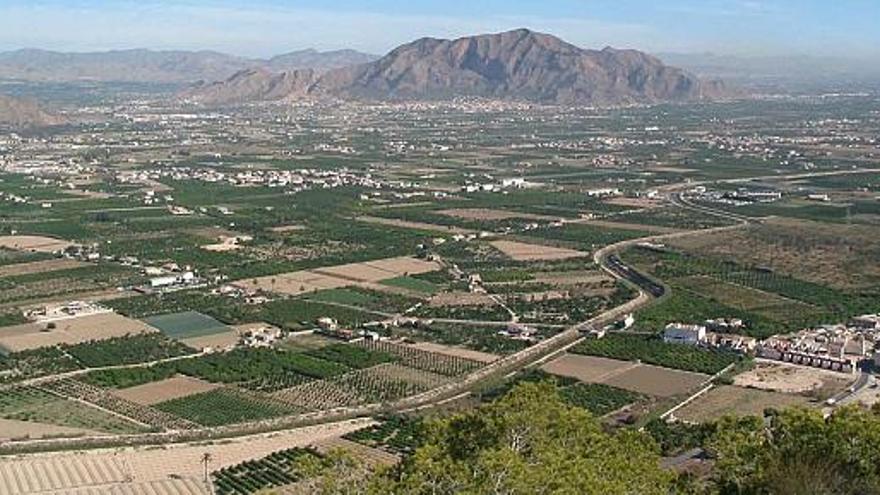 Imagen de la huerta de la Vega Baja desde el Cabezo de Hurchillo con la sierra de Orihuela al fondo. Entre ambas discurría el trazado de la AP-37.