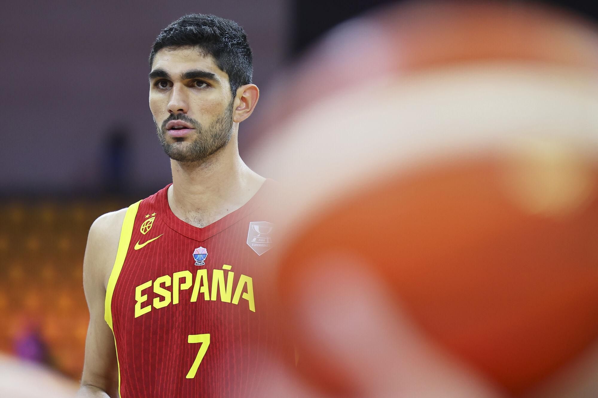 Spain's Santi Aldama looks on during the Eurobasket, European Basketball Championship Group C match between Spain and Georgia at the Spyros Kyprianou Arena in Limassol, Cyprus, Thursday, Aug. 28, 2025. (AP Photo/Chara Savvidou)