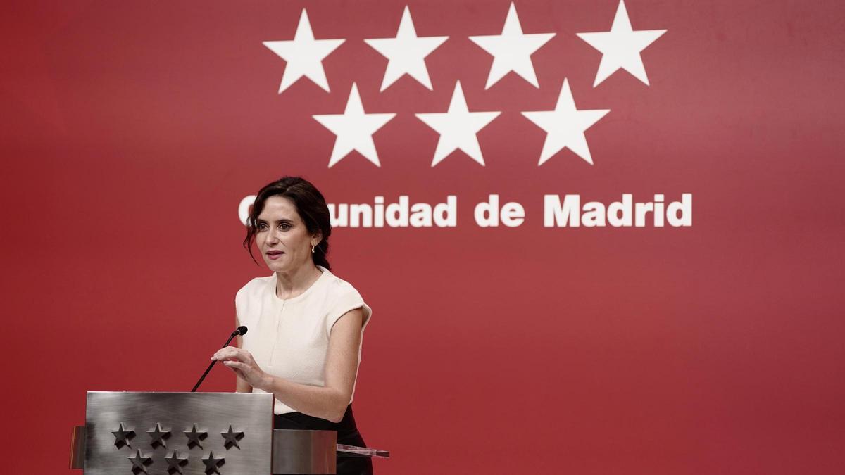 Isabel Díaz Ayuso, presidenta de la Comunidad de Madrid, durante su comparecencia sobre la condena al fiscal general.