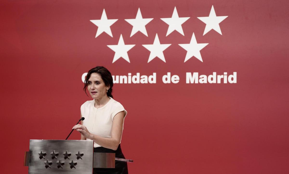 Isabel Díaz Ayuso, presidenta de la Comunidad de Madrid, durante su comparecencia sobre la condena al fiscal general.