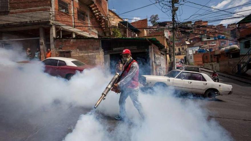 Un operario fumiga contra los mosquitos en Caracas.