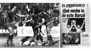 La celebración azulgrana en el estadio y la portada de EL PERIÓDICO del 17 de mayo de 1979.