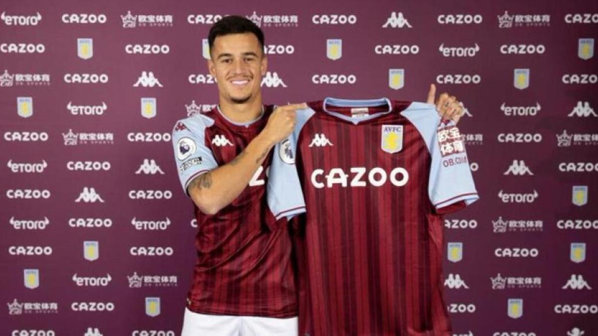 Coutinho, en su presentación con el Aston Villa, al que patrocina Cazoo.