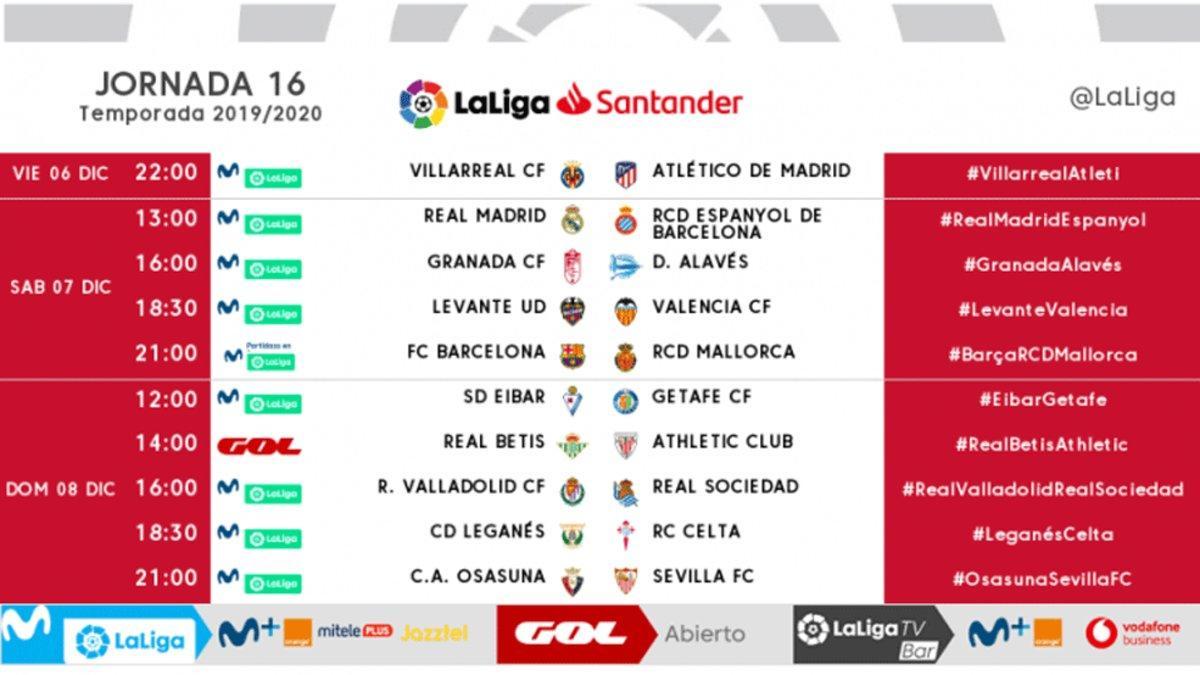 Estos son los horarios de la 16ª jornada