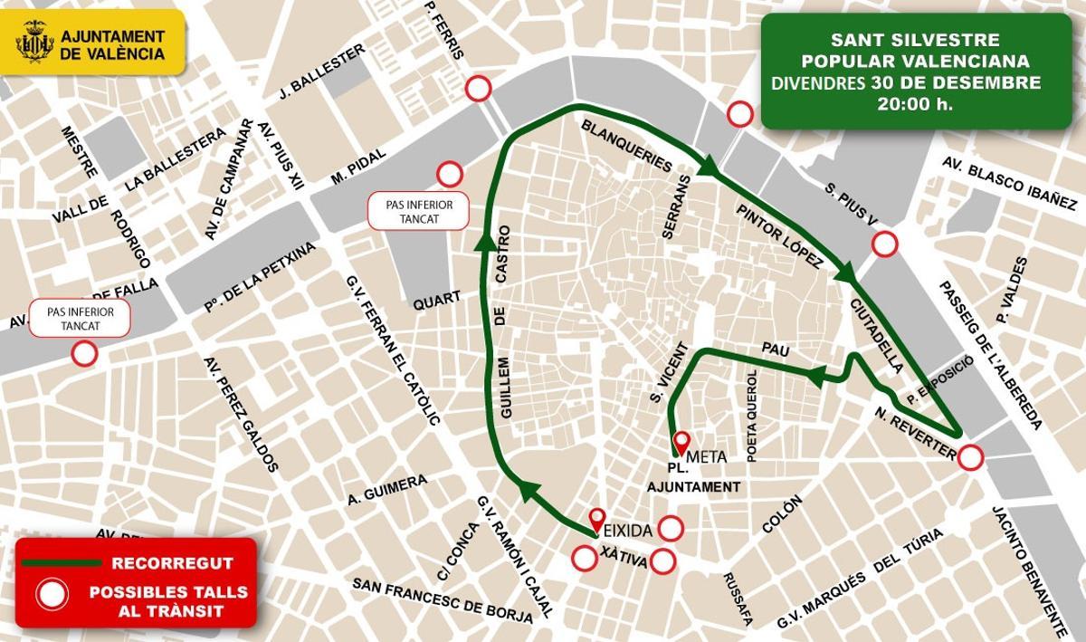 Plano del recorrido de la San Silvestre de Valencia.