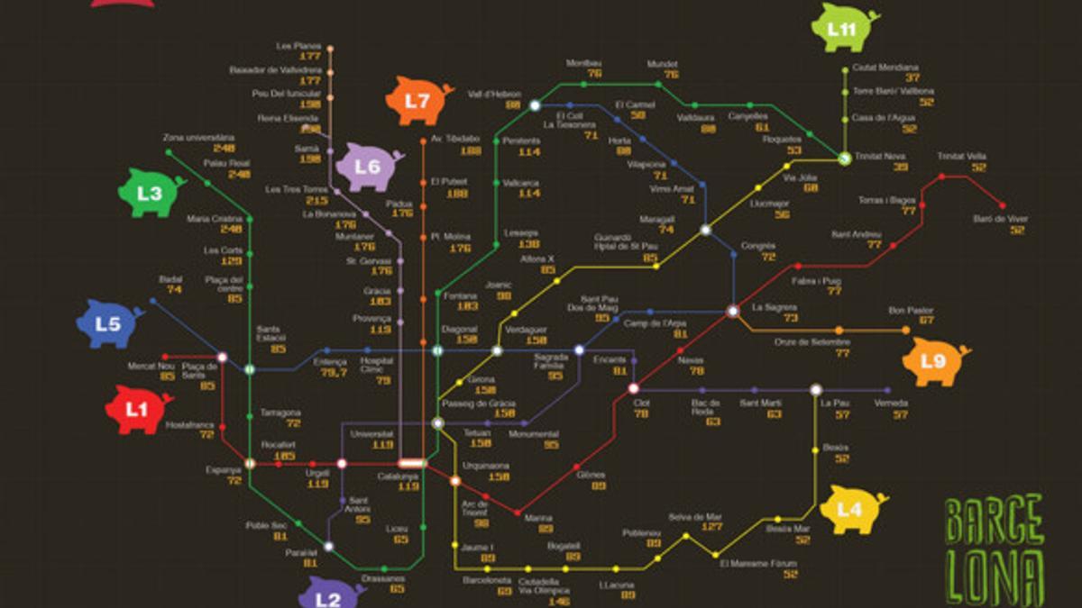 Mapa de la desigualdad en Barcelona sobre la red de metro