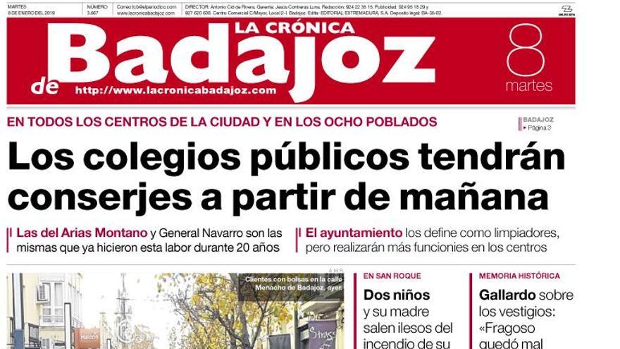 Esta es la portada de LA CRÓNICA DE BADAJOZ correspondiente al día 8 de enero del 2019