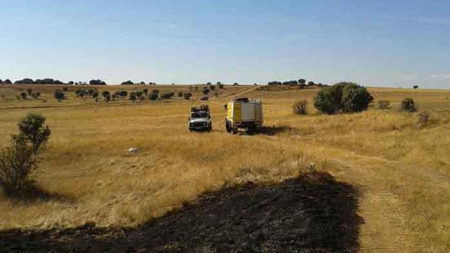 Los medios de extinción de incendios, ayer en la zona del fuego en Villardiegua de la Ribera.