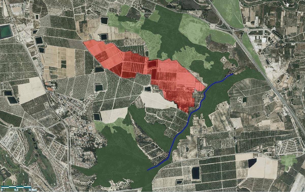 Superficie afectada (en color rojo), áreas forestales (en verde) y cauce del barranco de Calderón (azul)