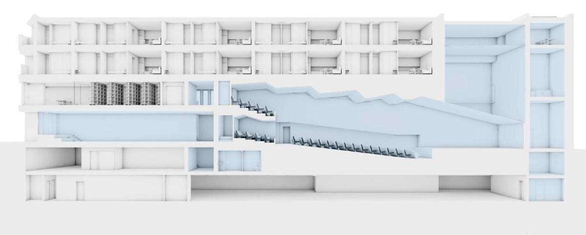 Distribución interna del futuro espacio, con las instalaciones del auditorio en azul. |   // LGC ARQUITECTURA